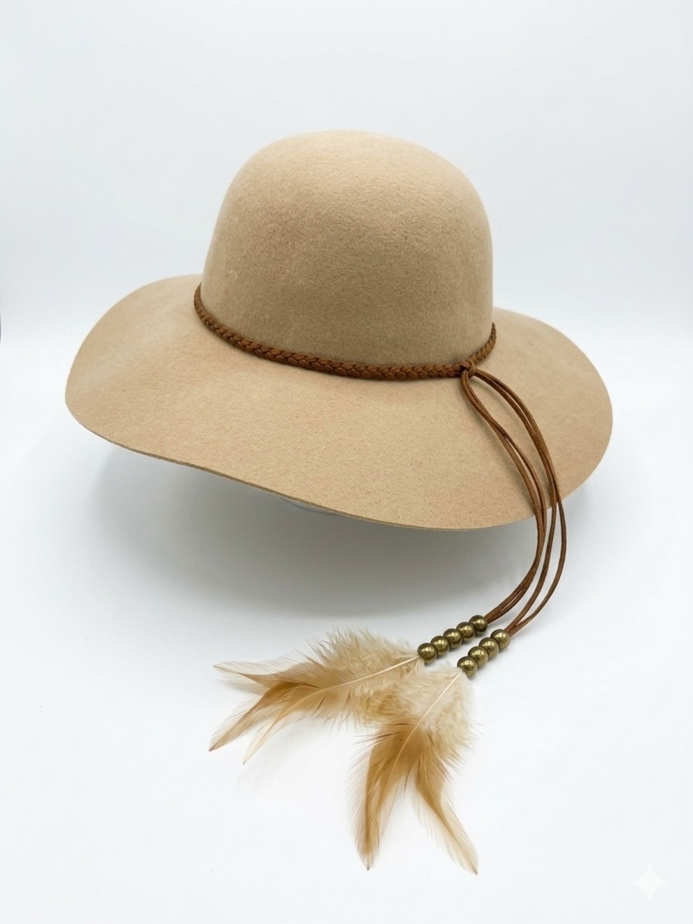 Kendall & Kylie Tan Wide-Brim Felt Hat with Braided Band & Feather Tassels
